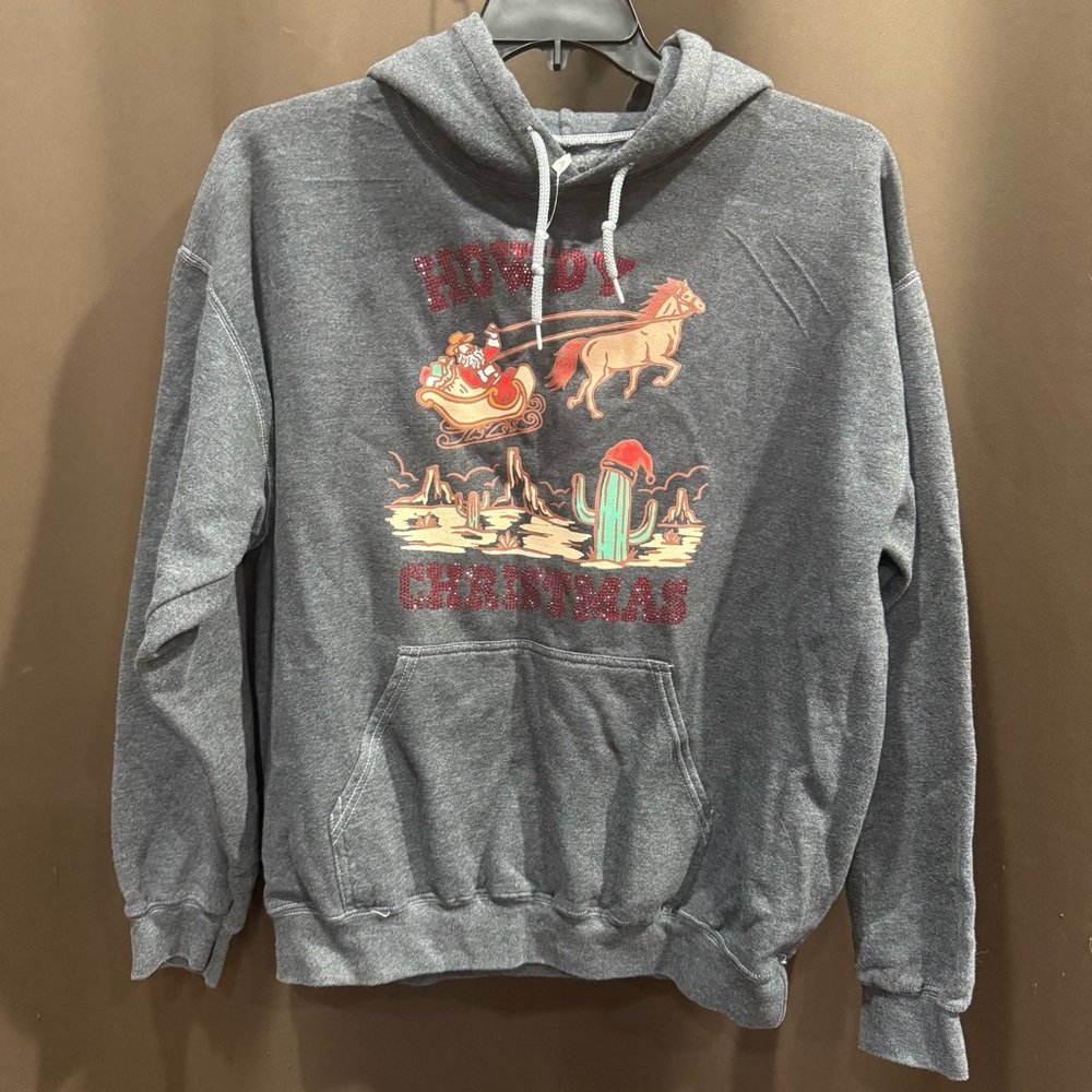 Gray Howdy Christmas Hoodie Cowboy Santa Horse Cactus, Oversized M